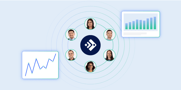 Team members' headshots in a circle around a logo, with two financial charts on either side, representing business continuity and collaboration.