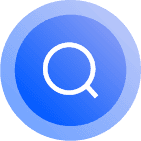 Blue circular icon with a white magnifying glass search symbol.