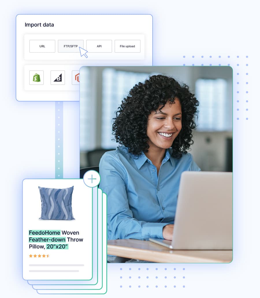 A smiling woman using a laptop with overlays showing data import options from Shopify, BigCommerce, and Magento.