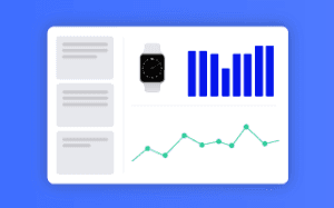 Illustration of panel with watch product and analytics bar and trend charts