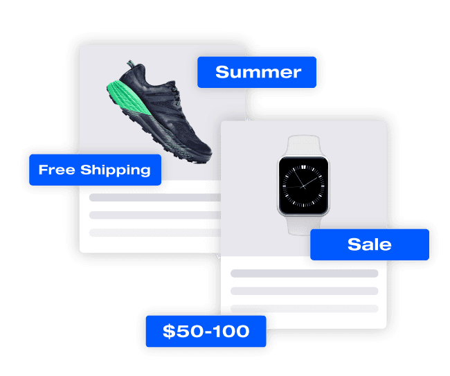 Shoe product feed examples with promotions like Summer, Free Shipping, and Sale.