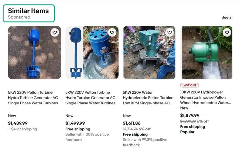 "Similar Items" carousel on eBay featuring four sponsored listings for Pelton Turbine hydro generators.