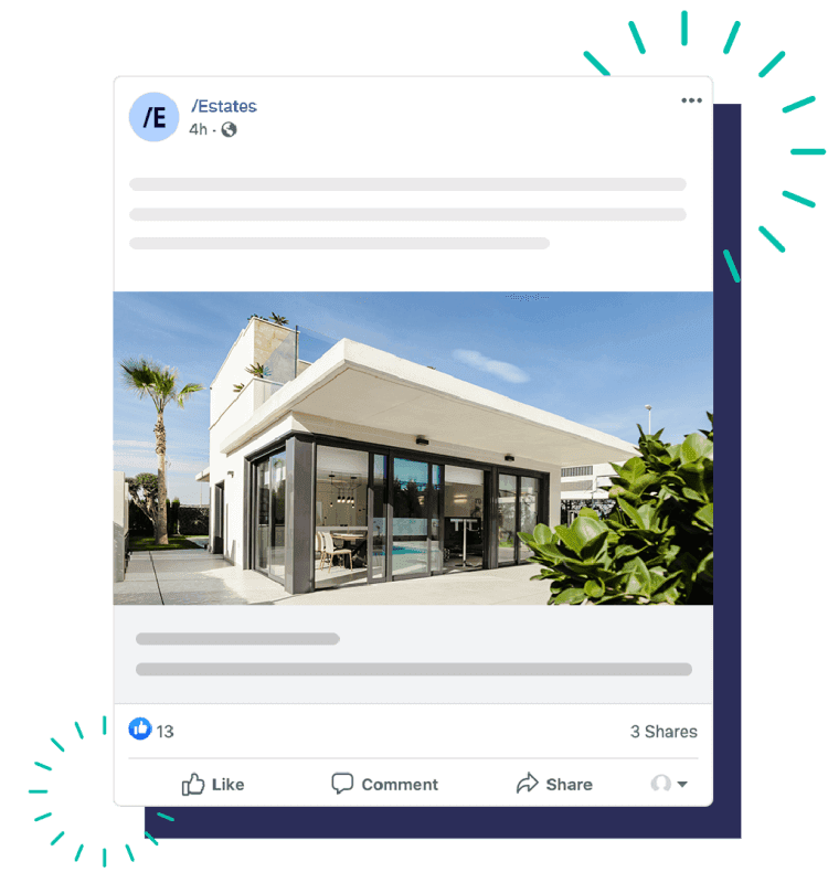 Modern white house exterior with floor-to-ceiling windows shown in a social media real estate ad.