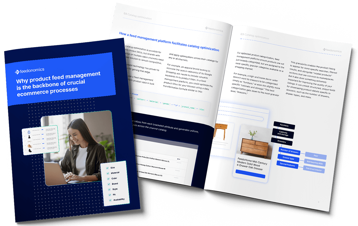 White paper teaser: Why product feed management is the backbone of crucial ecommerce processes. Includes a spread on catalog optimization.