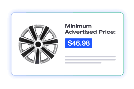 Auto part price compliance showing a hubcap and Minimum Advertised Price (MAP) of $46.98.
