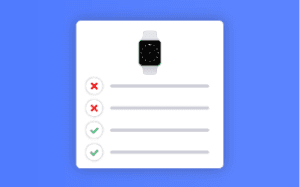 Watch product image panel with two red x marks and 2 green check marks