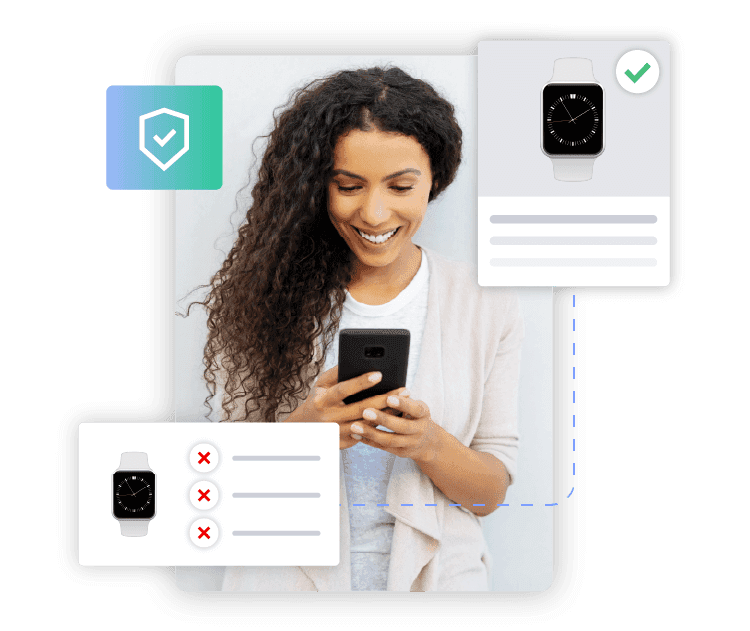 Woman holding mobile device with checkmark shield indicating security and product image overlays (two smartwatches)