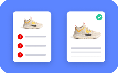 Comparison graphic showing a sneaker listing with three red error alerts being corrected into a clean, verified listing