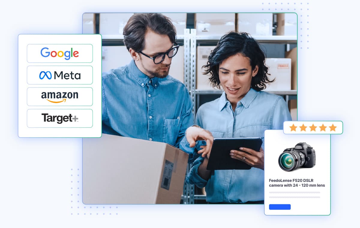 Two professionals in a warehouse reviewing product data on a tablet with logos for Google, Meta, Amazon, and Target.