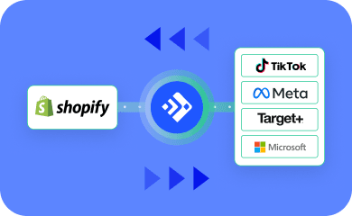 Data synchronization flow between Shopify and sales channels including TikTok, Meta, and Target Plus.