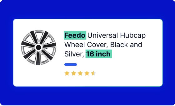 Detail view of a product listing for a hubcap wheel cover with enriched data including size and ratings.