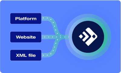 Data ingestion graphic showing three sources—Platform, Website, and XML file—feeding data into a single dark blue processing logo.