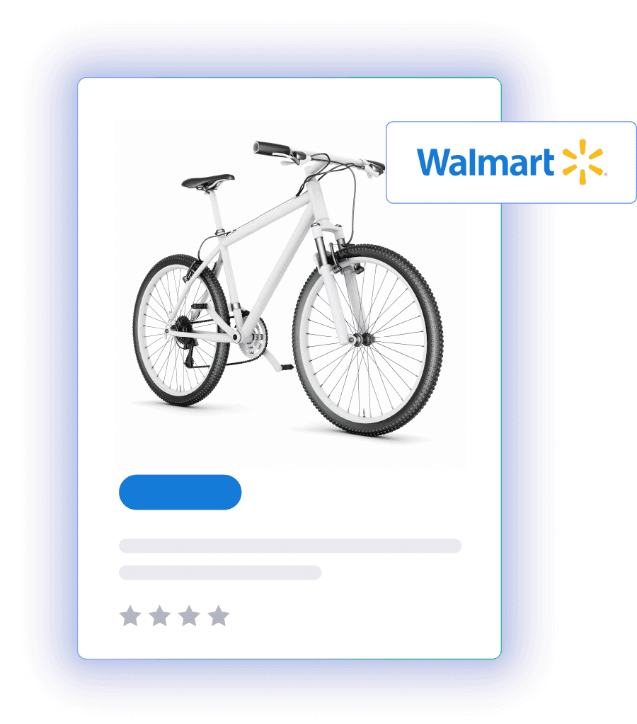 Product listing card for a white bicycle featuring a Walmart logo integration and placeholder ratings.