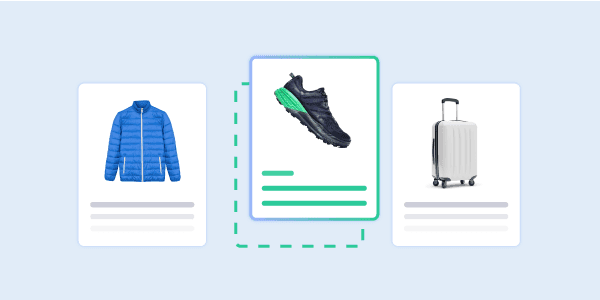 Product information for a blue jacket, a black hiking shoe, and a white suitcase.