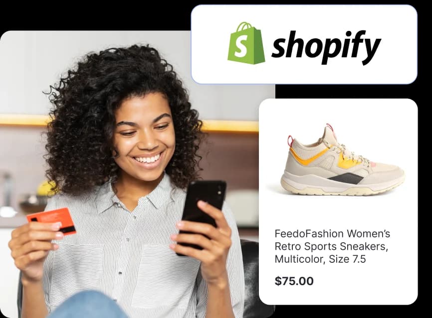 Online shopping via Shopify featuring a woman making a mobile payment for FeedoFashion Retro Sports Sneakers.