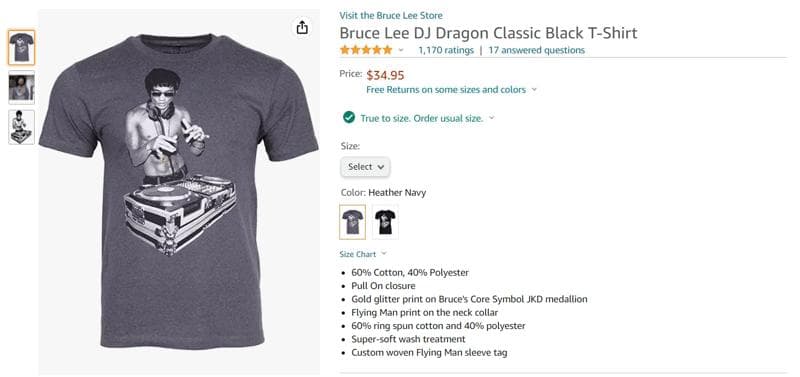 Amazon product listing for a 'Bruce Lee DJ Dragon Classic Black T-Shirt' in Heather Navy, priced at $34.95 with a 4.5-star rating.
