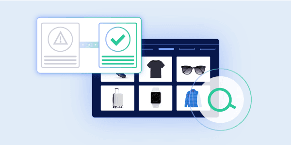 E-commerce product grid showing a checkmark on a corrected product listing and a magnifying glass searching the catalog, illustrating data quality preservation.