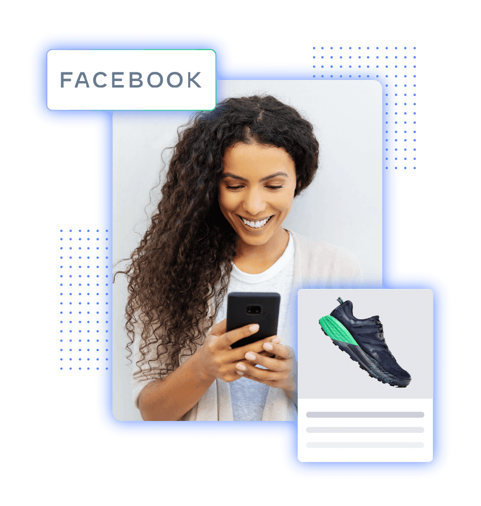 A woman with curly hair smiles while looking at her smartphone, with a product overlay of a black and green running shoe.
