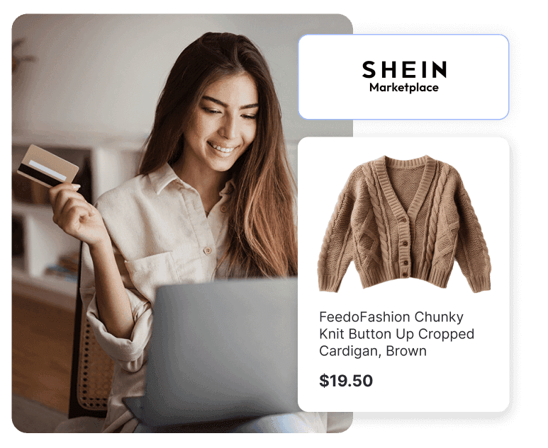Woman holding a credit card while using a laptop next to a SHEIN Marketplace logo and a brown cardigan product card