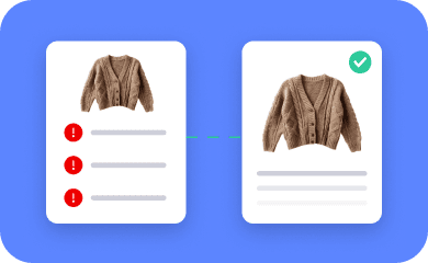 Comparison of two cardigan product cards: one with three red error alerts and one corrected with a green success checkmark.