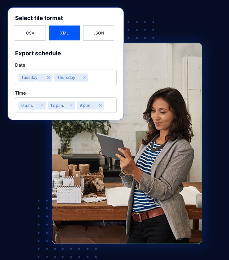 Woman scheduling the export of curated product data in XML format on a tablet.