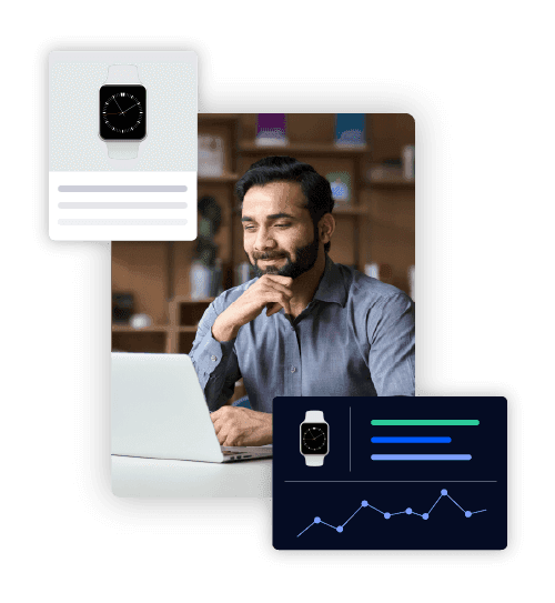 Man working on a laptop with an overlaid smartwatch product listing and analytics chart.