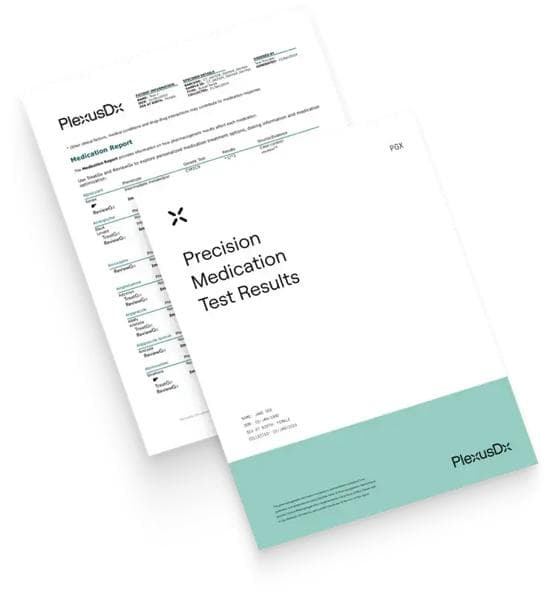 PlexusDx case study - Printed PlexusDx Precision Medication Test Results and Medication Report documents.