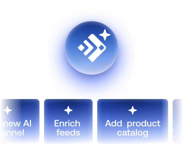 Ecommerce automation dashboard showing options for AI channel expansion, feed enrichment, localization, and SEO optimization.