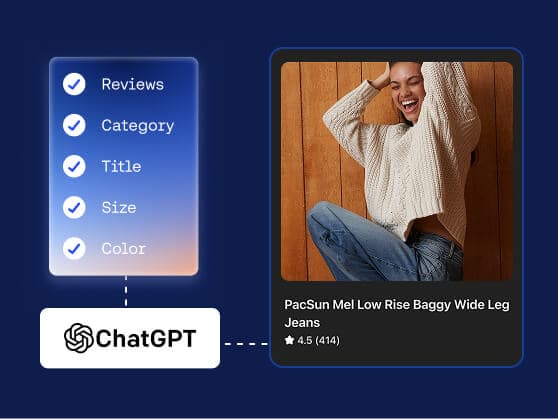 ChatGPT AI integration for ecommerce fashion, automating attributes like reviews, category, and size for PacSun jeans.