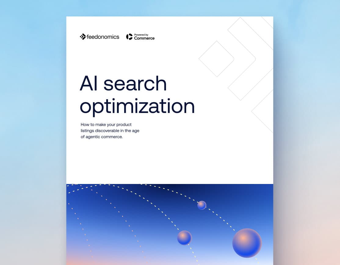 White and blue document cover featuring "AI search optimization" title with feedonomics and Commerce logos at top