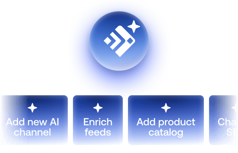 Ecommerce automation dashboard showing options for AI channel expansion, feed enrichment, localization, and SEO optimization.