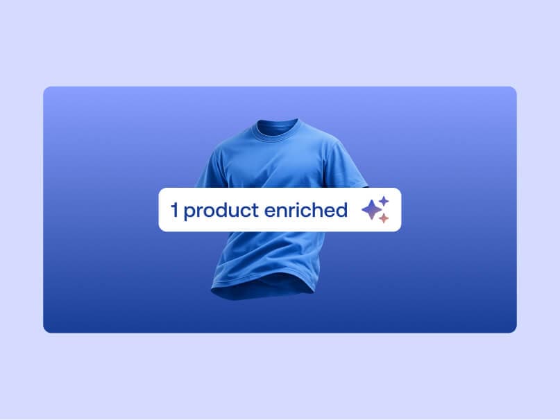 Blue t-shirt floating on a gradient background with a 1 product enriched overlay badge.