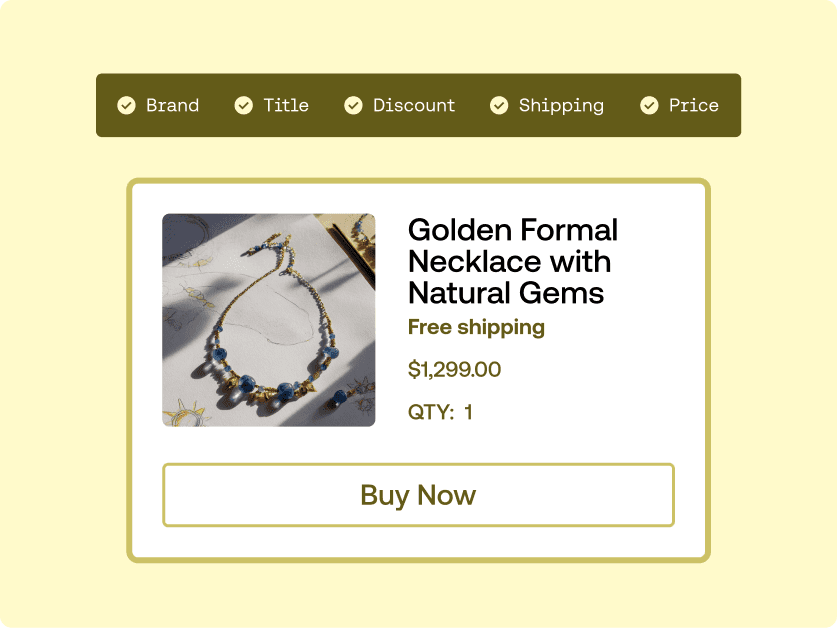 Product listing showing golden formal necklace with blue natural gems, priced at $1,299 with free shipping and quantity of 1.