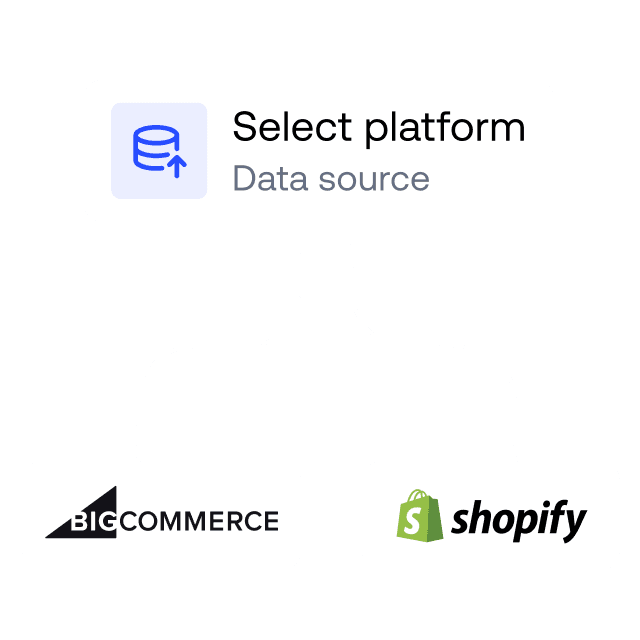 "Select platform" interface for choosing BigCommerce or Shopify as a data source.