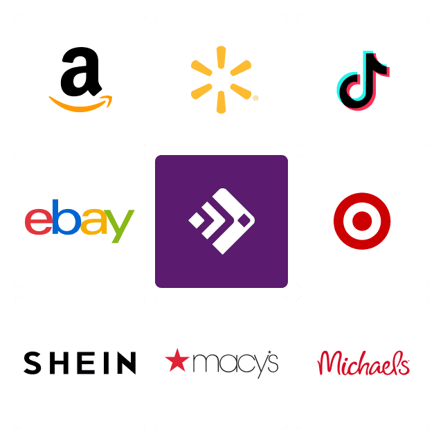 Integration partner grid featuring logos for Amazon, Walmart, TikTok, eBay, Target, SHEIN, Macy's, and Michaels.