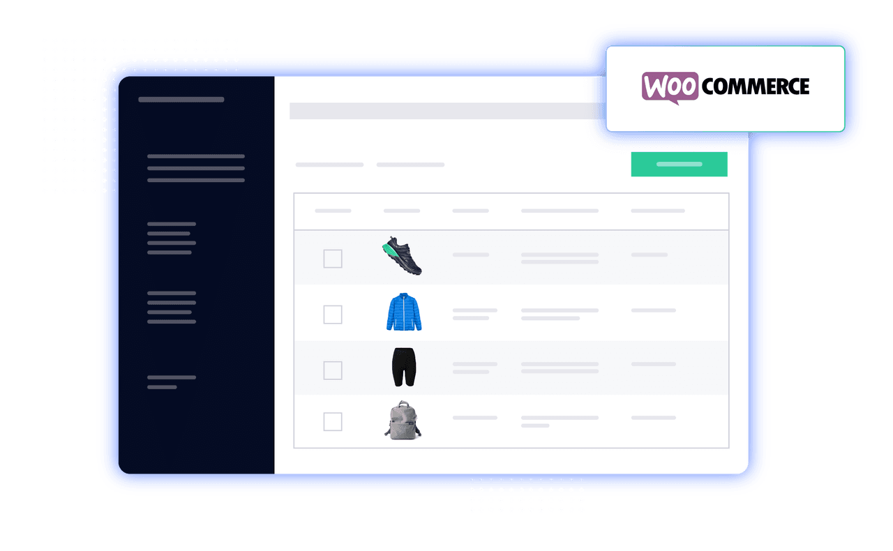 Shopping interface displaying a grid of products including running shoes, a smartwatch, headphones, and a backpack.