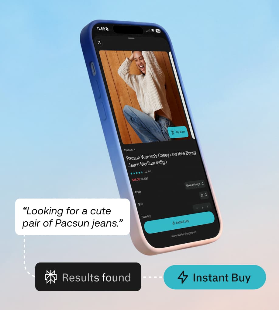 Mobile shopping interface showing "Instant Buy" feature for Pacsun Women's baggy jeans after a search query.