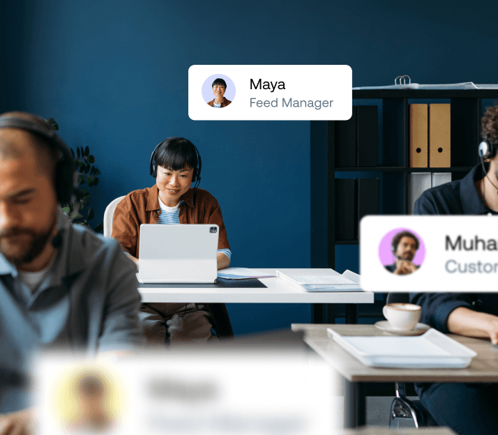 Expert e-commerce support team featuring a Feed Manager and Customer Support specialists in a professional office.