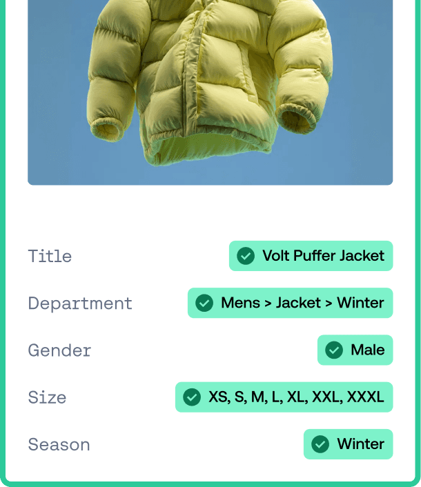 Product data validation screen for a Volt Puffer Jacket showing verified attributes like size, gender, and season.