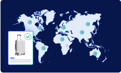 Product feed optimization for global ecommerce channels shown over a world map.