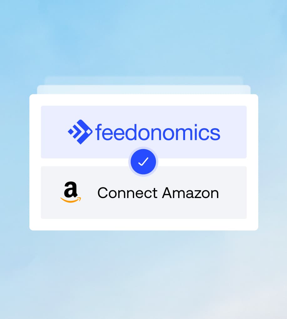 Interface showing a successful connection between Feedonomics and Amazon with a blue checkmark.