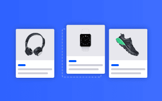 Three product listings: headphones, a smartwatch, and a black and green running shoe.