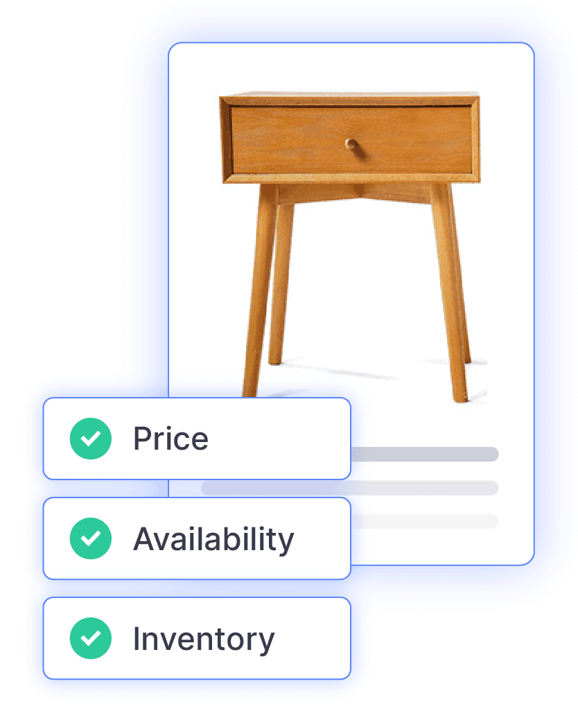 Sync status for a modern nightstand confirming real-time Price, Availability, and Inventory.