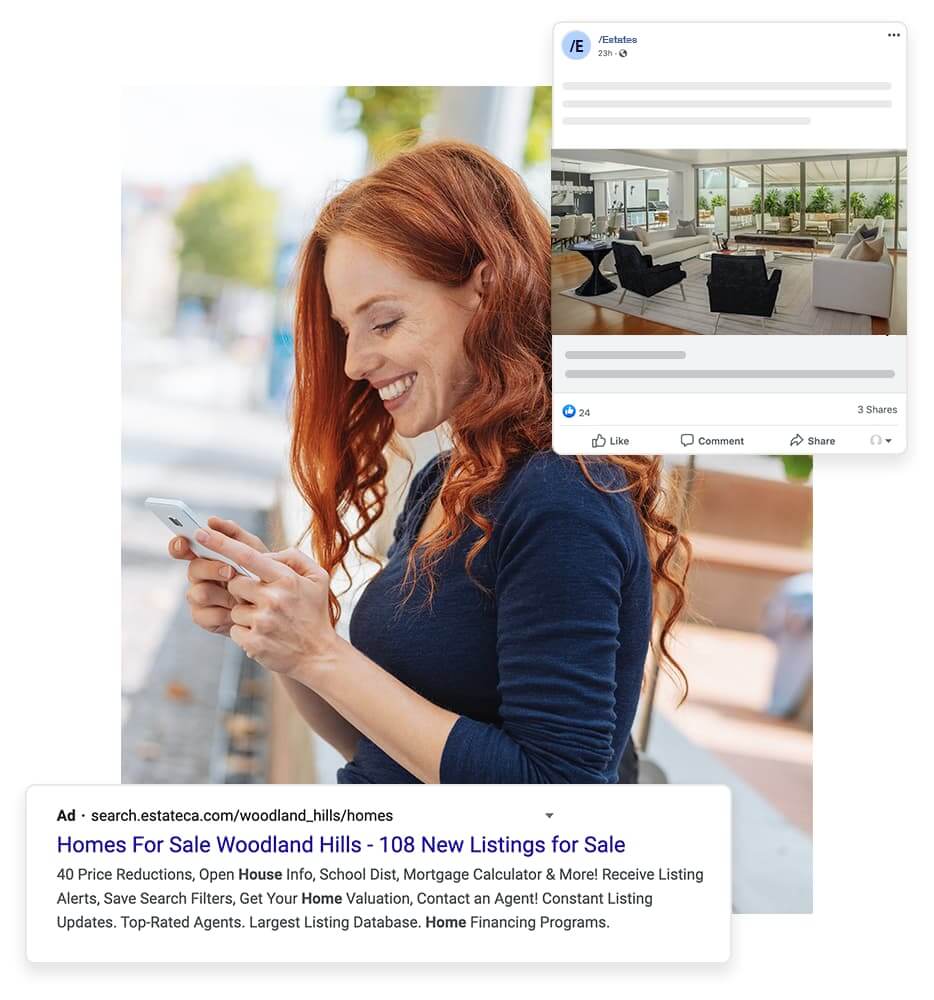 Woman smiling while viewing a real estate listing ad for homes for sale in Woodland Hills on her phone.