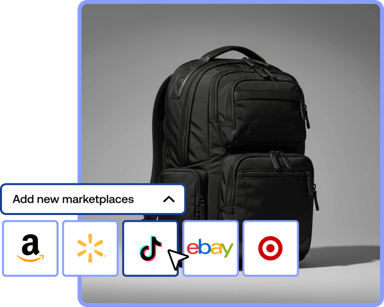 Adding a black backpack to marketplaces including Amazon, Walmart, TikTok, eBay, and Target via a digital interface.