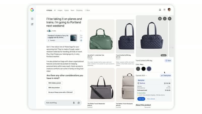 An animation shows a user tracking the price of a duffle bag on a desktop. The scene then transitions to a mobile phone receiving a notification that the bag's price has dropped.