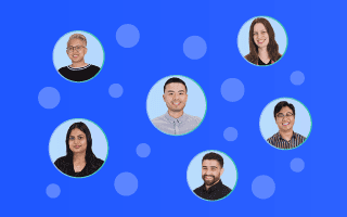 Six headshots of smiling, diverse marketplace feed specialists in circular frames on a blue background.
