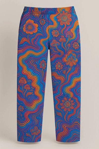 Vibrant blue trousers featuring a psychedelic orange and yellow floral and wavy line pattern.