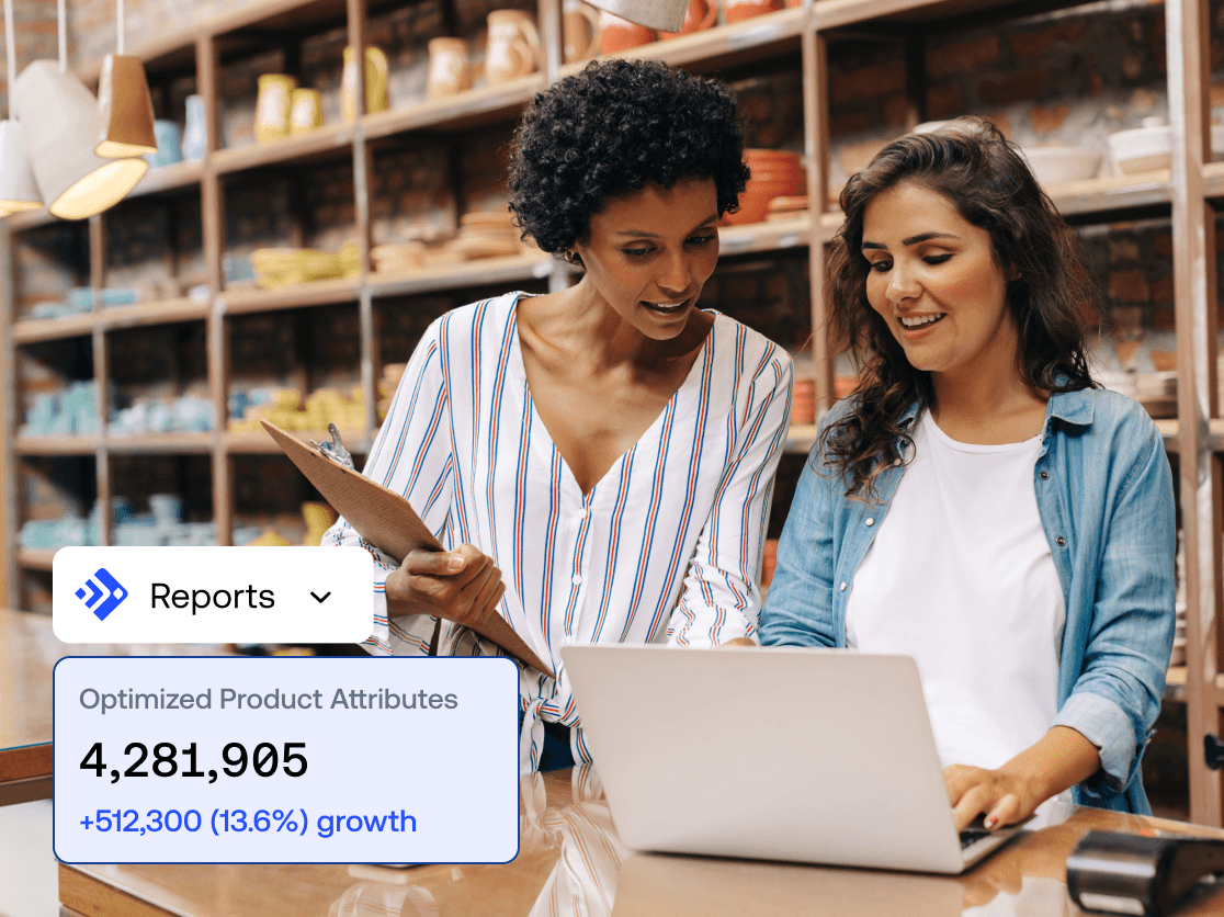Two retail professionals reviewing a Reports dashboard showing 4,281,905 optimized product attributes and 13.6% growth.