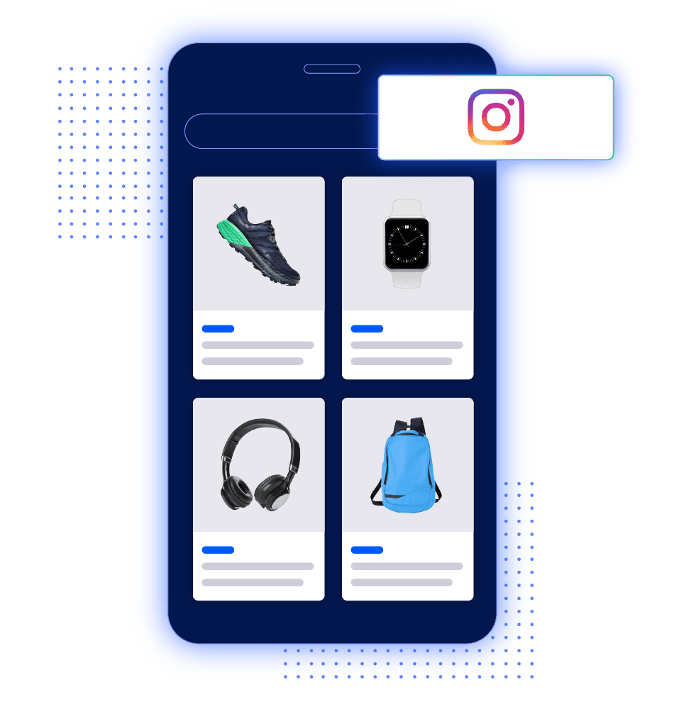 Smartphone interface displaying a product grid of shoes, a smartwatch, headphones, and a backpack with an Instagram icon overlay.